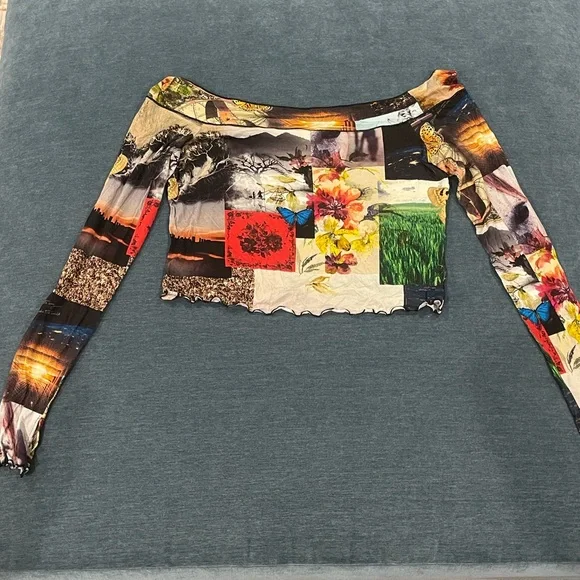 Alice + Olivia Multicolor Floral Patchwork Off-Shoulder Crop Top - Picture 4 of 6